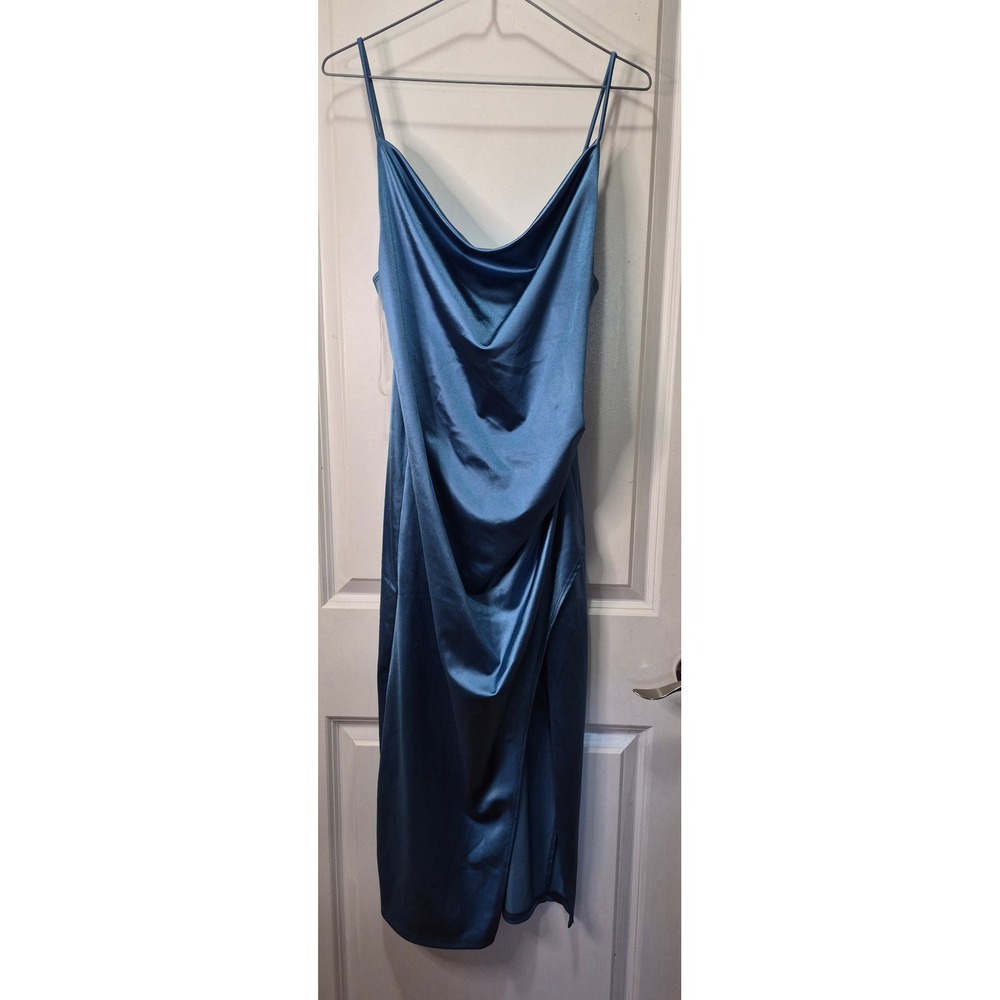 Eclipse Blue Pearl Satin Cowl Neck Midi Dress Side Slit NWT Size L 1437-D
